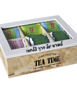 "TEA TIME" מארז עץ טבעי לתה, 6 תאים עם חריטה אישית