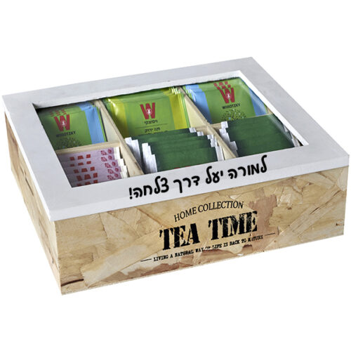 "TEA TIME" מארז עץ טבעי לתה, 6 תאים עם חריטה אישית