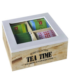 ""TEA TIME" מארז עץ טבעי לתה, 4 תאים עם חריטה אישית