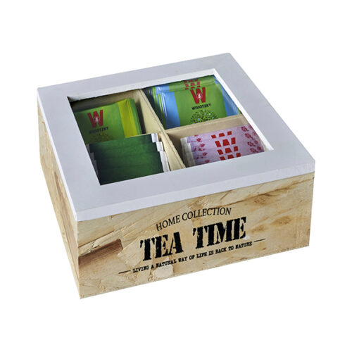 ""TEA TIME" מארז עץ טבעי לתה, 4 תאים עם חריטה אישית