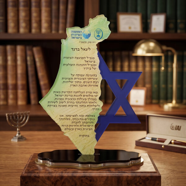 מגן הוקרה "מולדת": צורת ארץ ישראל בחריטה אישית גדול - גודל 30 ס"מ