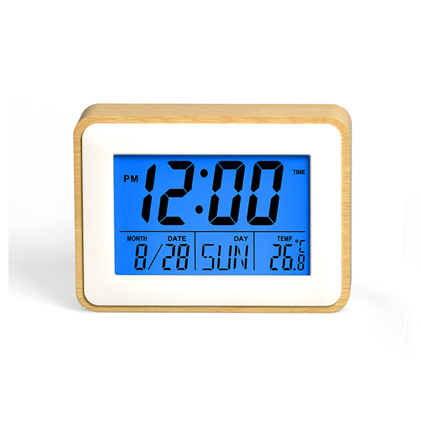 שעון מעורר דיגיטלי LCD לקיר / שולחן עם תאורת לד כחולה מסגרת במבוק עם הדפסה אישית